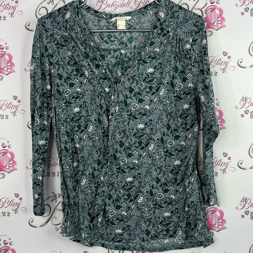 H&M long sleeve shirt flowers comfy lightweight Green Floral Blouse